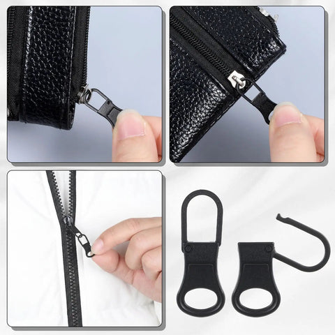 10 Pack Metal Zipper Pull Replacement Tabs for jackets, jeans, backpacks, and luggage, shown attached to zippers and close-up view.