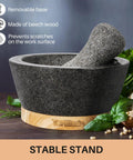 6 Inch Granite Mortar And Pestle Set With Anti Scratch Wood Base, Heavy Duty Grinder For Spices And Herbs, Black Kitchen Essential