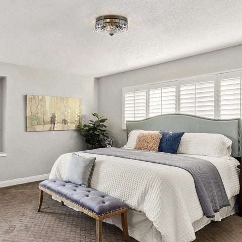 Farmhouse Flush Mount Ceiling Light With Water Ripple Glass Shade, Faux Wood And Black Finish, Dope 3 Light Drum Fixture in bedroom