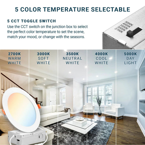 5 color temperature options for 6 Inch Ultra Thin Dimmable LED Recessed Ceiling Light With Junction Box in a living room setting.