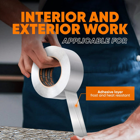 Person using Two Inch Aluminum Foil Tape With No Release Liner 230 Feet Of Heavy Duty Silver HVAC Duct Tape For High Temperature Insulation
