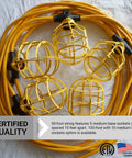 Coiled yellow cable with industrial cage string lights, ETL rated, for Tough As Nails Construction Cage String Lights For 100 Ft Run.
