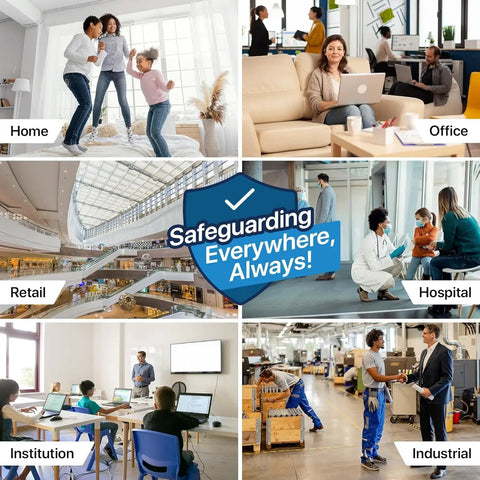 Collage of scenes with people in home, office, retail, hospital, institution, and industrial settings, titled 'Safeguarding Everywhere, Always!'
