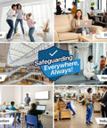 Collage showing various settings: home, office, retail, hospital, institution, and industrial with 'Safeguarding Everywhere, Always!' text.