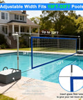 Pool Volleyball Net Set With LED Lights And Solar Panel For Lit Nights By The Pool Adjustable 15 To 32Foot Length Inground Pools Outdoor Backyard Water Volleyball Game Toy For Parties, installed view over a swimming pool with adjustable net height and weighted base.
