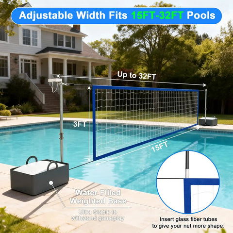 Pool Volleyball Net Set With LED Lights And Solar Panel For Lit Nights By The Pool Adjustable 15 To 32Foot Length Inground Pools Outdoor Backyard Water Volleyball Game Toy For Parties, installed view over a swimming pool with adjustable net height and weighted base.