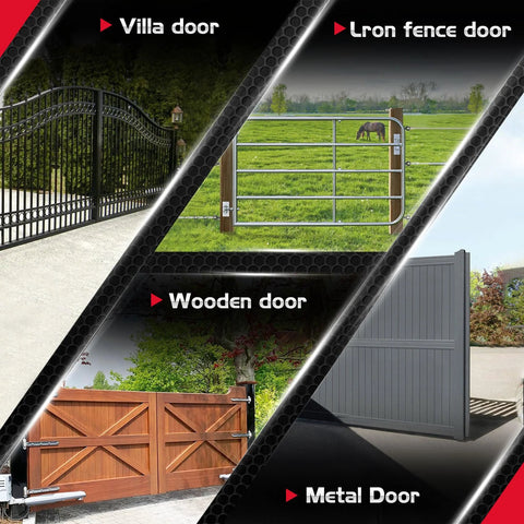 Collage showing villa door, iron fence door, wooden door, and metal door for 6 Inch Heavy Duty Fence Gate Wheel With 360 Degree Rotation Spring Loaded Caster For Metal Tube Gates Supports Up To 600 Lb Includes Screws And Screwdriver Durable Wheel For Smooth Gate Operation Black