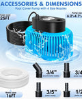 Image showing Automatic Pool Cover Pump With Water Sensor for above ground pools, blue sump pump, 16 ft hose, 25 ft cord, four adapters.