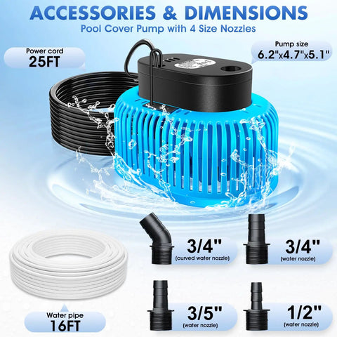 Image showing Automatic Pool Cover Pump With Water Sensor for above ground pools, blue sump pump, 16 ft hose, 25 ft cord, four adapters.