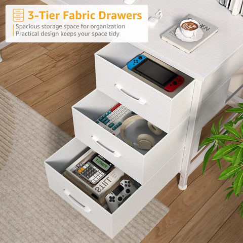 White Computer Desk with Hutch and Drawers 47 Inch Space Saving Modern Study Writing Desk with open fabric drawers showing storage use.