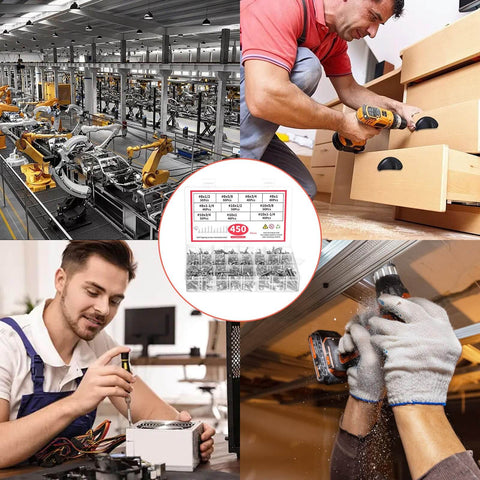 450 Piece Self Tapping Screws Kit Made From 410 Stainless Steel For Fast Strong Mounts In Metal Plastic And Wood with packaging and usage scenarios.