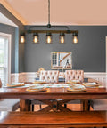 Dining room with Industrial Linear Kitchen Island Light With Five Lights Dope Farmhouse Chandelier over rustic table