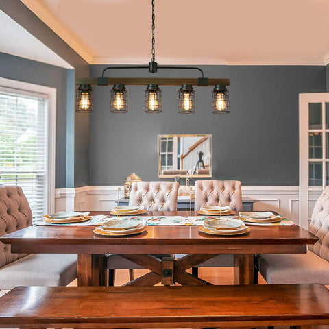 Dining room with Industrial Linear Kitchen Island Light With Five Lights Dope Farmhouse Chandelier over rustic table