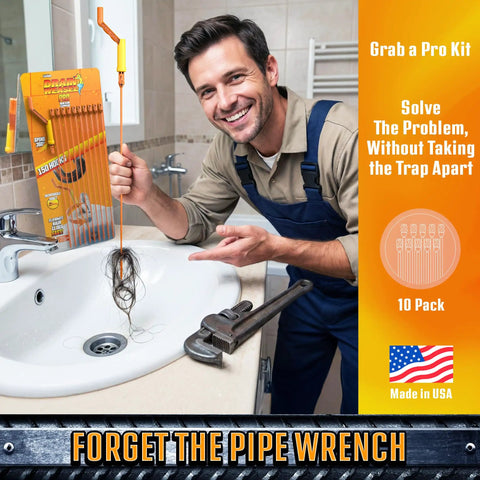 Man using Drain Weasel Sink Snake Hair Clog Remover Tool For Sinks Pipes Showers And Tubs, 18 Inch Flexible Drain Cleaner, 10 Pack