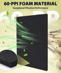 60 PPI Coarse Polyurethane Foam Filter Sheet with airflow depiction, 18x12x0.6 inches, shows filtration performance.