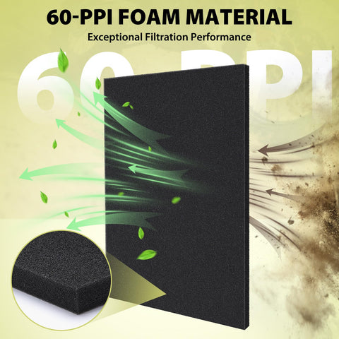 60 PPI Coarse Polyurethane Foam Filter Sheet with airflow depiction, 18x12x0.6 inches, shows filtration performance.