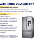 Compatibility chart for Evaporator Fan Motor For Refrigerator Replacement Fits GE Hotpoint Sears Kenmore Fridges Replaces WR60X10141 WR60X31522 WR60X10346 WR60X10138 WR60X23584 WR60X10046 PS12741350 AP6977246 Easy Install next to image of stainless steel fridge