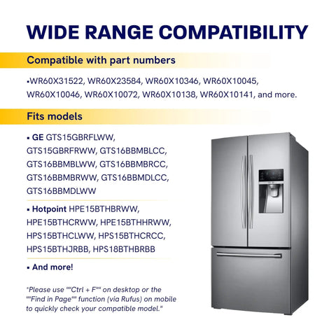 Compatibility chart for Evaporator Fan Motor For Refrigerator Replacement Fits GE Hotpoint Sears Kenmore Fridges Replaces WR60X10141 WR60X31522 WR60X10346 WR60X10138 WR60X23584 WR60X10046 PS12741350 AP6977246 Easy Install next to image of stainless steel fridge
