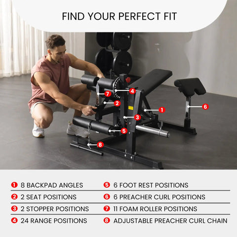 GLX Adjustable Weight Bench With Leg Extension And Curl Machine for total body home gym workouts showing adjustable features