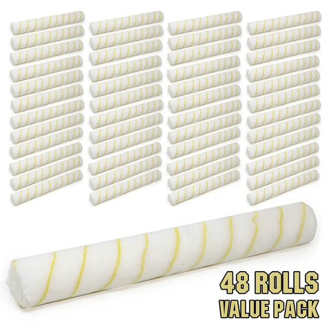 Killer 18 Inch Shedless Paint Roller Cover Haul 48 Pack Lint Free With End Caps Professional Grade showing stacked rollers.