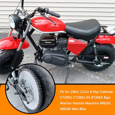 Front 420 Roller Chain 42 and Rear 90 Link Drive Chain Breaker Kit on red mini bike with black seat and engine.