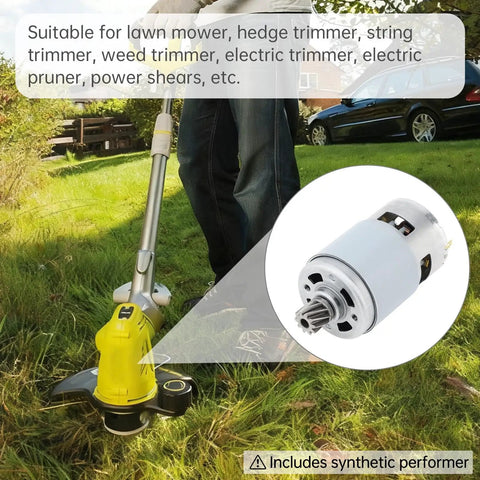 Beefy 21V DC Motor With 19500 RPM And 10T Helical Gear High Torque Replacement shown in use with lawn trimmer