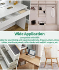 Heavy Duty 285 Piece Camlock Furniture Connector Kit With Dowel Pins And Locknuts for cabinet assembly and repair shown in various settings.