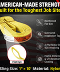 American-made 1 Inch By 10 Foot Nylon Lifting Sling Heavy Duty 3200 Lb Vertical 2600 Lb Choker 6400 Lb Basket 2 Ply 900 Webbing Type 3 Flat Eye