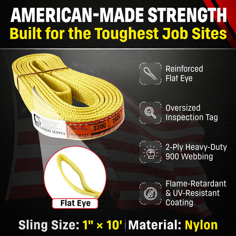 American-made 1 Inch By 10 Foot Nylon Lifting Sling Heavy Duty 3200 Lb Vertical 2600 Lb Choker 6400 Lb Basket 2 Ply 900 Webbing Type 3 Flat Eye