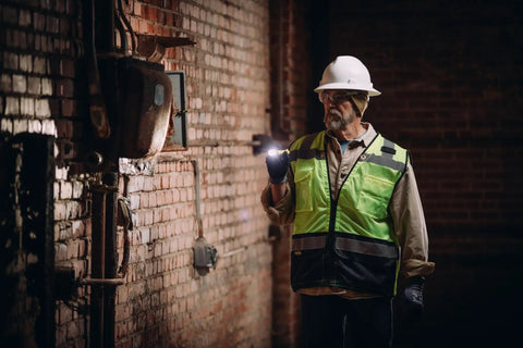 Worker inspects brick wall with PolyTac X 600 Lumen Tactical LED Flashlight With Ten-Tap Programmable Modes, 11,485 Candela, 205 Meter Beam