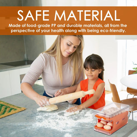 Woman and child baking with Stackable Fridge Egg Organizer With Lid, Large Capacity Egg Holder Tray For Refrigerator on counter