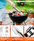 Person using locking tongs from 31 Piece Heavy Duty BBQ Grill Tools Set With Stainless Steel Utensils Mats And Carrying Bag
