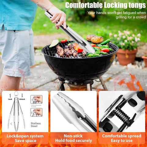 Person using locking tongs from 31 Piece Heavy Duty BBQ Grill Tools Set With Stainless Steel Utensils Mats And Carrying Bag