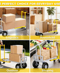 Heavy Duty 4 In 1 Convertible Hand Truck Dolly Cart With Smooth Swivel Wheels and Adjustable Handle for logistics use with boxes.