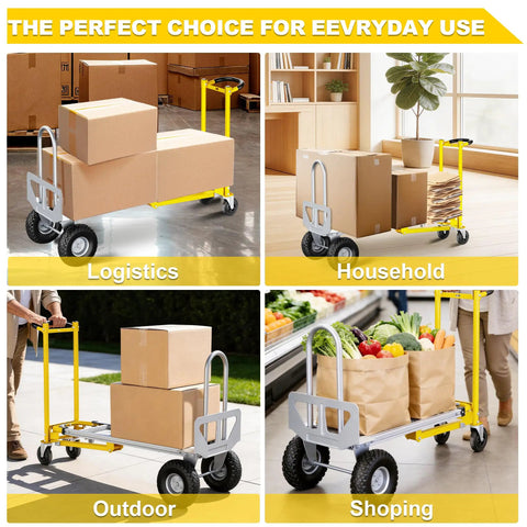 Heavy Duty 4 In 1 Convertible Hand Truck Dolly Cart With Smooth Swivel Wheels and Adjustable Handle for logistics use with boxes.