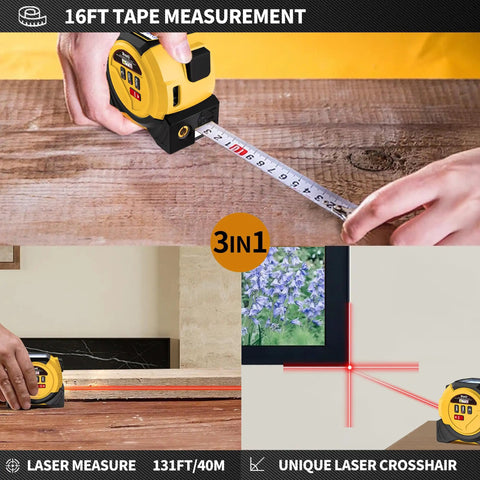 3 In 1 Laser Rangefinder Tape Measure With Digital LCD Readout Pro Grade 131 Ft Range 0.1 Inch Accuracy 16 Ft Steel Tape Class II 620 To 670Nm Laser Heavy Duty Belt Clip Built For DIYers And Pros On The Job, 16 ft tape measurement