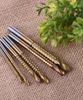 Heavy Duty Titanium Coated HSS Drill Bit Set 3-8mm with serrated bits on burlap background with green plant