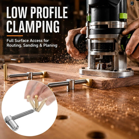 Two Pack Adjustable Bench Dog Clamps For Three Quarter Inch Dog Holes Heavy Duty Workbench Stops With Brass Handles Non Marring Brass Pads Ideal For Woodworking Jig Making Surface And Bar Clamping, low-profile clamping for router work