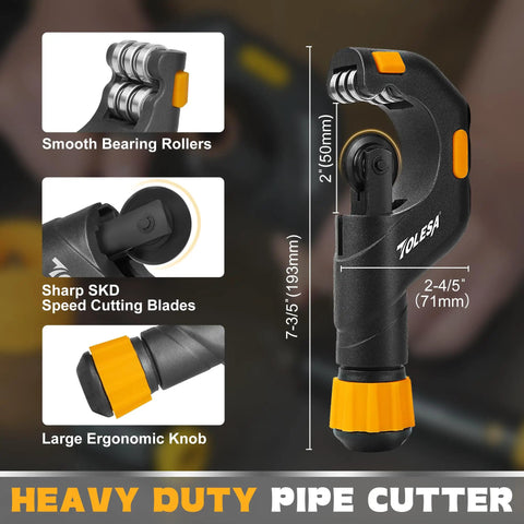 Heavy Duty Mini Pipe Cutter Tool One Eighth Inch To Two Inch With Deburring Reamer showing cutting blades and rollers