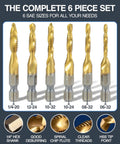 All-In-One Drill Tap Bit Set 6-Piece HSS Titanium-Coated SAE 3-In-1 Bits For Drilling Tapping And Countersinking, 1/4 Inch Hex Shank