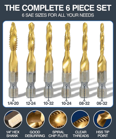All-In-One Drill Tap Bit Set 6-Piece HSS Titanium-Coated SAE 3-In-1 Bits For Drilling Tapping And Countersinking, 1/4 Inch Hex Shank