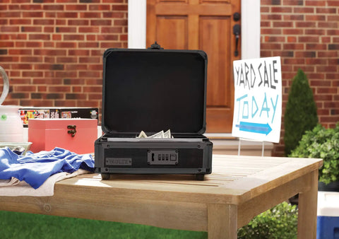 Locking Cash Box With Removable Tray And Under Tray Storage For Tickets And Receipts, Combination Lock, 8.5 By 4 By 10 Inches, Tactical Black on outdoor table