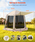 Big Pop Up Screen Tent 10x9.2 Ft With Awning Portable Gazebo For Four To Eight People set up process in grassy field