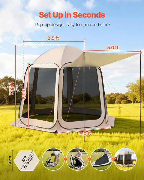 Big Pop Up Screen Tent 10x9.2 Ft With Awning Portable Gazebo For Four To Eight People set up process in grassy field