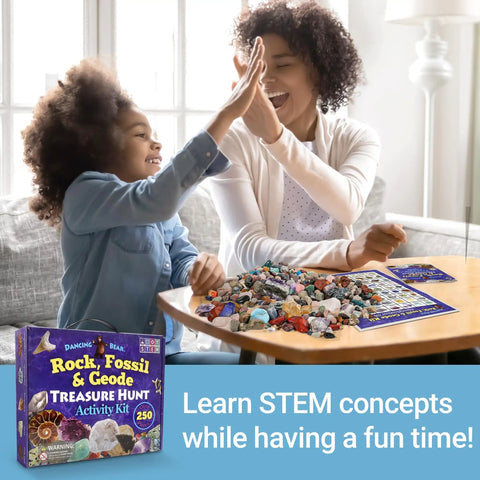 Rock Mineral And Geodes Treasure Hunt Kit With 250 Pieces Real Shark Teeth Fossils ID Sheet And Rock Book STEM Educational Toy For Kids Teens Hands On Science Activity, mother and child high-five