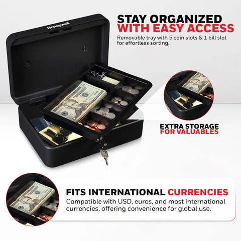 Compact Cash Box With Removable Money Tray And Under Tray Storage Five Coin Slots Durable Metal Safe With Key Lock Ideal For Home Office Black 0.14 Cu Ft Saving Money Lock Box, open with visible currency and storage compartments.