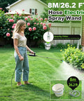 Woman using Cordless Garden Sprayer Wand With Telescopic 32 Inch Reach, Three Adjustable Speeds, Battery Indicator.