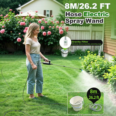 Woman using Cordless Garden Sprayer Wand With Telescopic 32 Inch Reach, Three Adjustable Speeds, Battery Indicator.