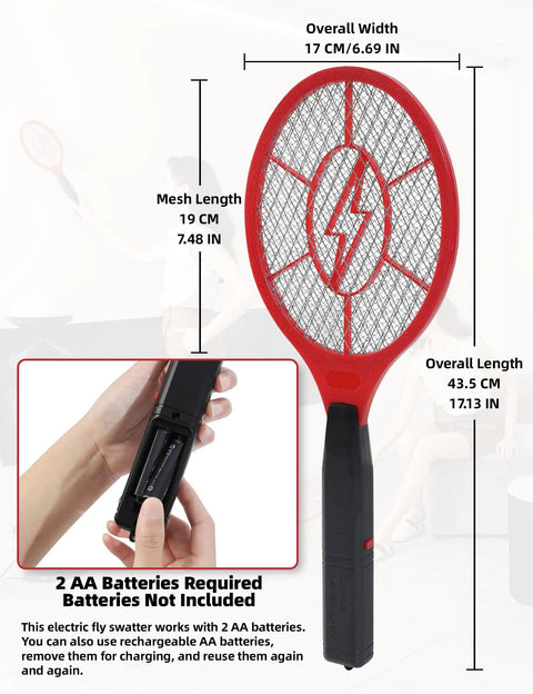 Red handheld zapper with 2 AA battery slot shown, part of 2 Pack Electric Fly Zapper Rackets Handheld Bug Swatters Red And Blue Battery Powered For Mosquitoes And Flies With Safe Protective Mesh No Spray Indoor And Outdoor Use Batteries Not Included.