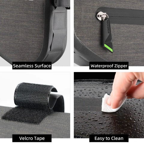 Close-up of 2.5L Triangle Bike Frame Bag waterproof zipper, seamless surface, velcro tape, and easy-to-clean feature.